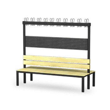 Dubbelzijdige kleedkamerbank met rugleuning en kapstok